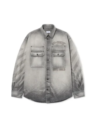 Diagonal besticktes Denim-Military-Overshirt