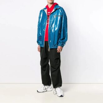 FW21 Karierte, leuchtende Jacke mit Reißverschluss, lockere Passform, blau