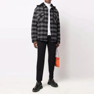 FW21 Kariertes Langarm-Hoodie-Hemd, lockere Passform, schwarz