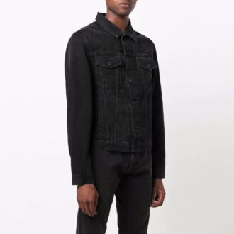 FW21 Lässige Denim-Jeansjacke mit Revers, lockere Passform, schwarz