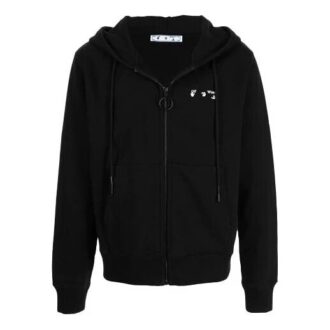 FW21 Lässige Kapuzenjacke mit Reißverschluss und Logo-Print, lockere Passform, schwarz