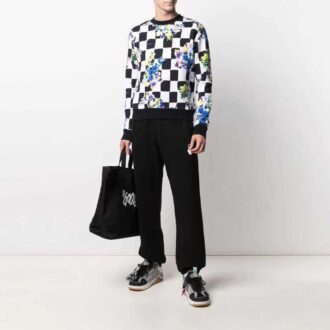 FW21 Pullover mit Blumenprint und Karomuster, Rundhalsausschnitt, schwarz