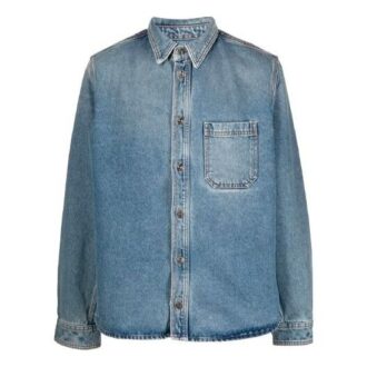 Off-White Herren FW21 Freizeit-Distress-Denim-Langarmhemd, lockere Passform, blau