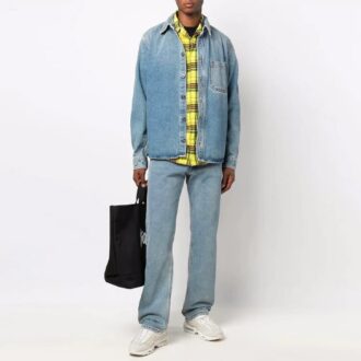 Off-White Herren FW21 Freizeit-Distress-Denim-Langarmhemd, lockere Passform, blau