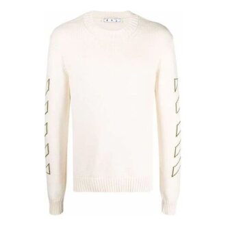 Off-White Herren FW21 Langarm-Wollpullover mit Rundhalsausschnitt und Pfeilmuster, weiß