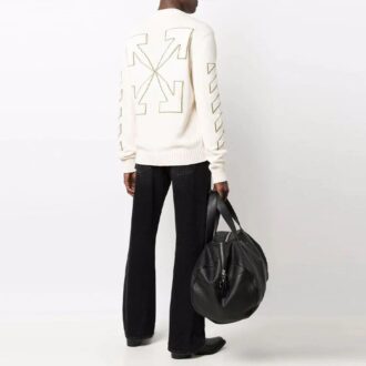 Off-White Herren FW21 Langarm-Wollpullover mit Rundhalsausschnitt und Pfeilmuster, weiß