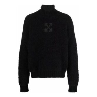 Off-White Herren FW21 Logo-Muster Einfarbiger Wollpullover mit hohem Kragen, lockere Passform, schwarz