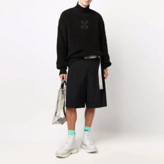 Off-White Herren FW21 Logo-Muster Einfarbiger Wollpullover mit hohem Kragen, lockere Passform, schwarz