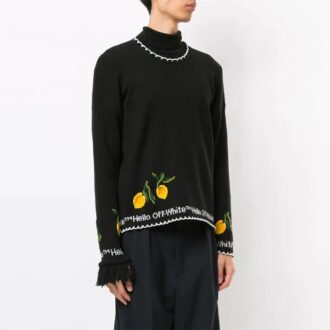 Off-White Herren-Pullover mit Stickerei, Rundhalsausschnitt, Schwarz