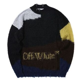 Off-White Herren-Wollpullover mit Rundhalsausschnitt, langen Ärmeln und Kontrastfarben, schwarz