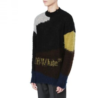 Off-White Herren-Wollpullover mit Rundhalsausschnitt, langen Ärmeln und Kontrastfarben, schwarz