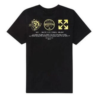 SS20 Schwarzes Baumwoll-T-Shirt mit Symbolen, Kurzarm, Herren, Logo, normale Passform