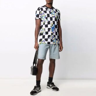 SS21 Baumwollblumen-Karomuster Shorts-T-Shirt Schwarz-Weiß