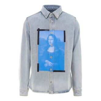 SS21 Bedrucktes Denim-Hemd mit Revers und langen Ärmeln, Blau
