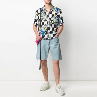 SS21 bedrucktes kariertes Short-Hemd mit Kurzarm, lockere Passform, weiß