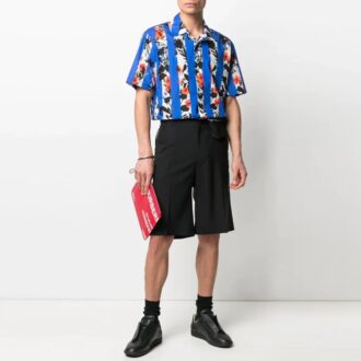 SS21 Blumenmuster-Streifen-Shorts-Hemd, Standardversion, Blau