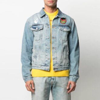 SS21 Denim-Jeansjacke mit Apple-Logo-Muster, lockere Passform, blau