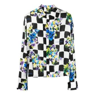 SS21 Langarmhemd mit Blumenprint und Karomuster am Revers, Slim Fit, Schwarz